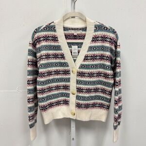 NWT LOFT Fair Isle V-Neck Cardigan Sweater Women's XS Multi Knit Button Front